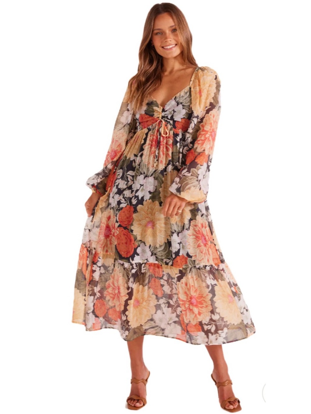 Floral V-Neck Long Sleeve Midi Dress in Multi-Color